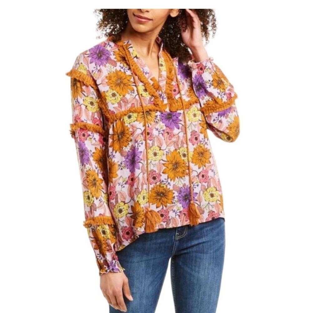 Anthropologie Raga Wild Gardens Blouse Boxy Boho Floral Tassels Shirt Top Small